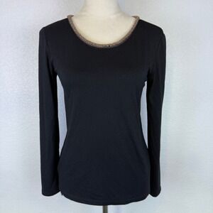 HAE Women Black Beaded Neckline Long Sleeve Top Keyhole Back Tie Size Med